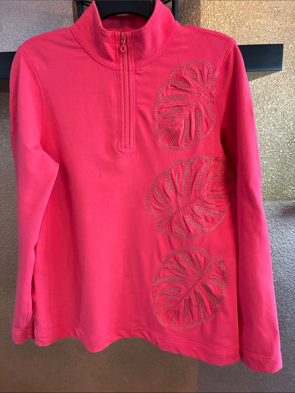 Tommy Bahama Coral Quarter -Zip Sweatshirt with Monstera Leaf Embroidery M